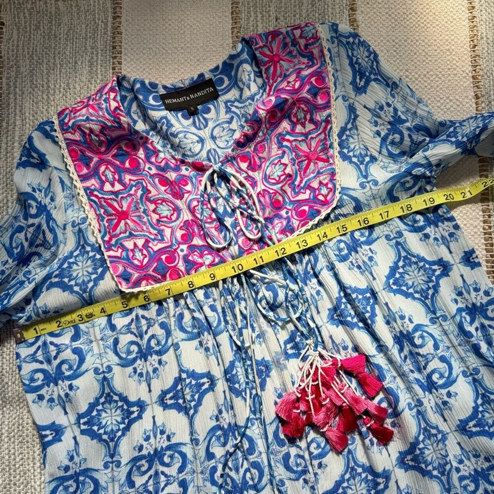 Hemant & Nandita Blue Pink Embroidered Beaded Tassel Tie Cape Top Women’s Small - Picture 7 of 11